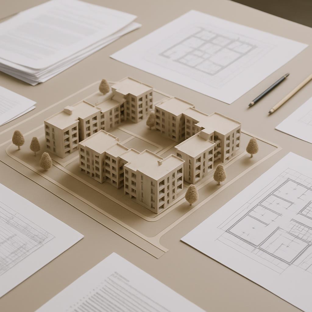 Group of architectural models and blueprints on a table, architectural mockup of apartment buildings with floor plans, sur...